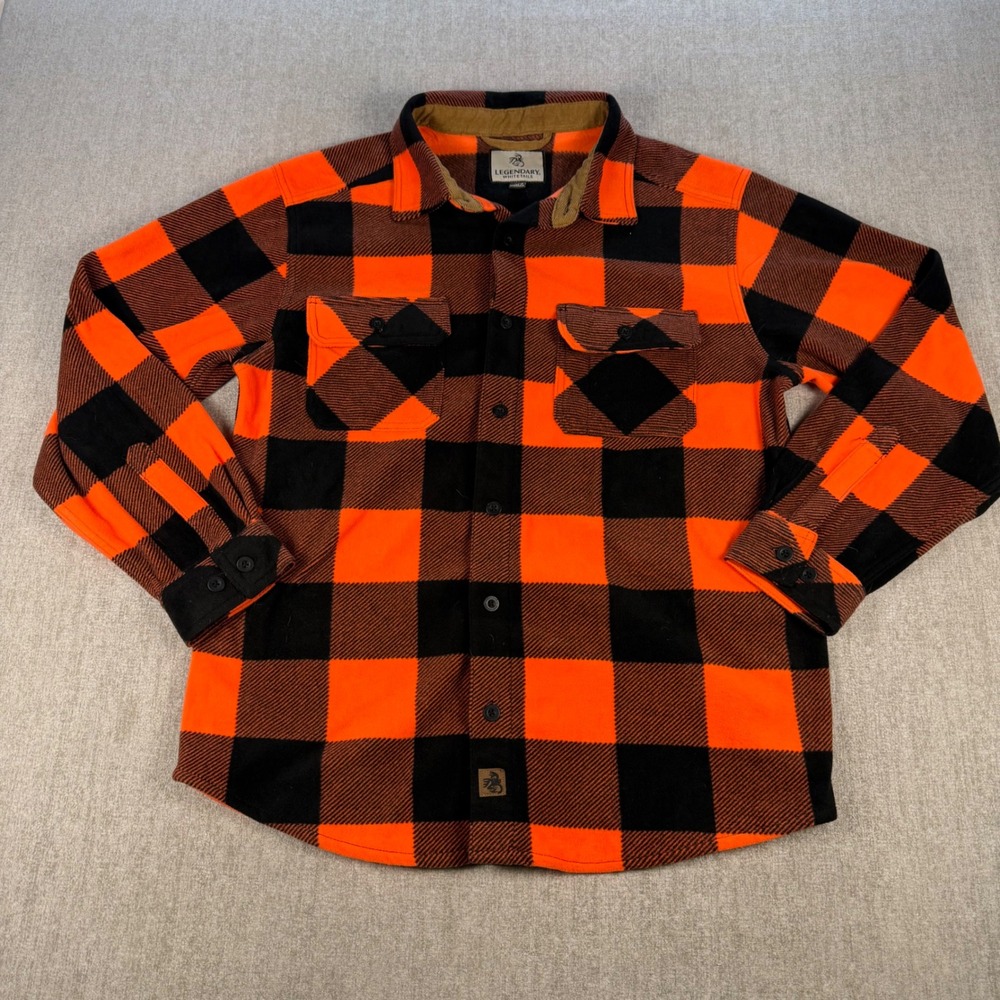 Legendary Whitetails Fleece Shirt Mens Large Orange Black Buffalo Plaid Button
